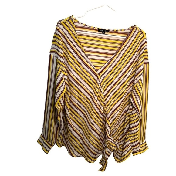Timing Faux Wrap Blouse Yellow Red Stripes - Picture 1 of 12